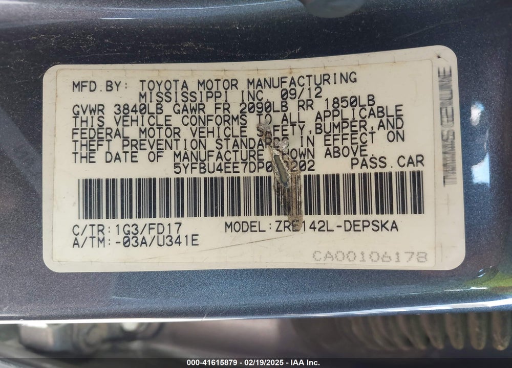 2013 TOYOTA COROLLA VIN: 5YFBU4EE7DP093202