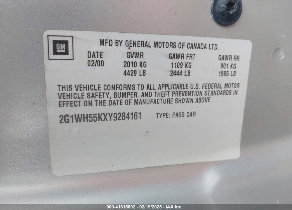 2000 CHEVROLET IMPALA VIN: 2G1WH55KXY9284161