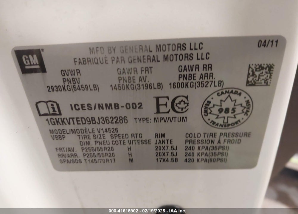 2011 GMC ACADIA DENALI VIN: 1GKKVTED9BJ362286