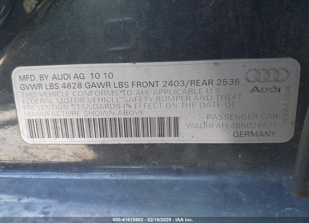 2011 AUDI A4 2.0T PREMIUM VIN: WAUHFAFL4BN028671