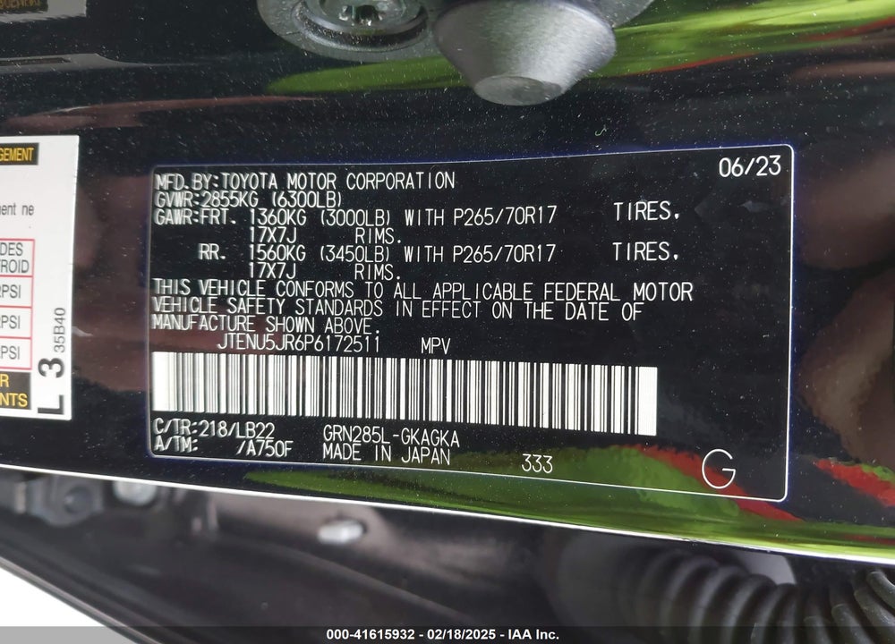 2023 TOYOTA 4RUNNER SR5 PREMIUM VIN: JTENU5JR6P6172511