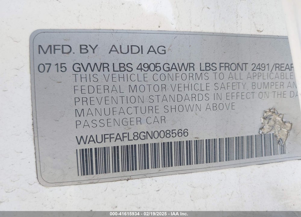 2016 AUDI A4 VIN: WAUFFAFL8GN008566