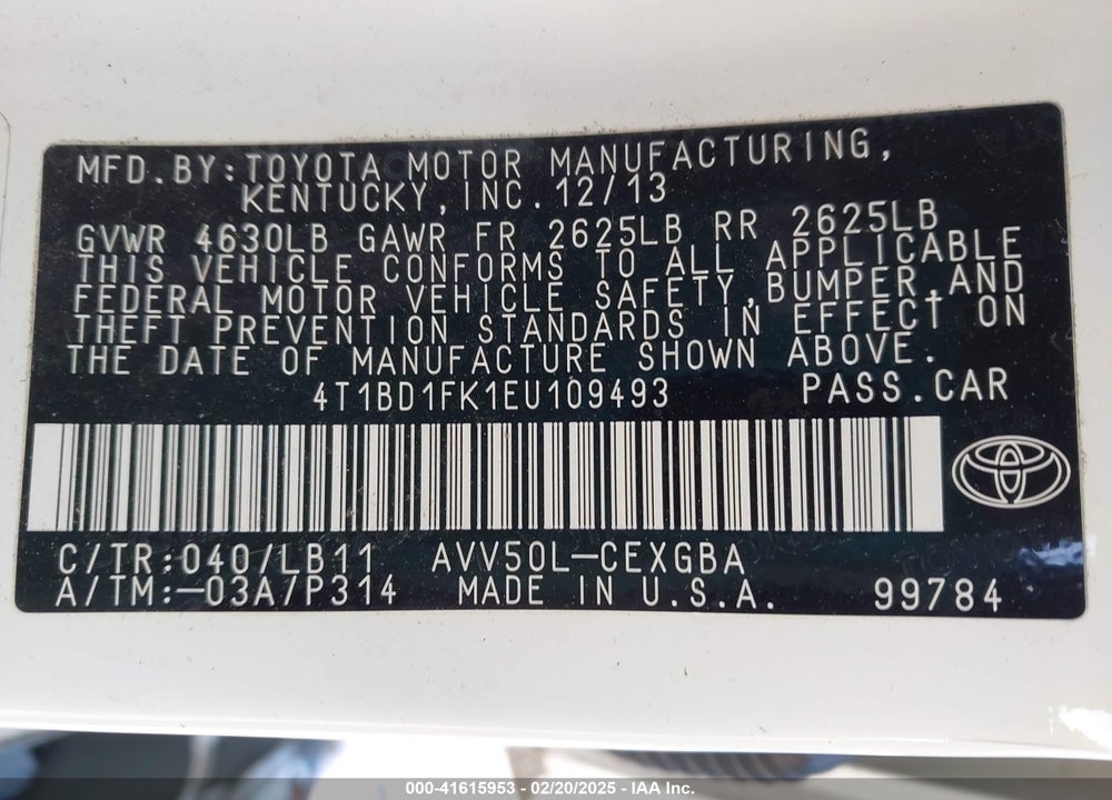 2014 TOYOTA CAMRY HYBRID VIN: 4T1BD1FK1EU109493
