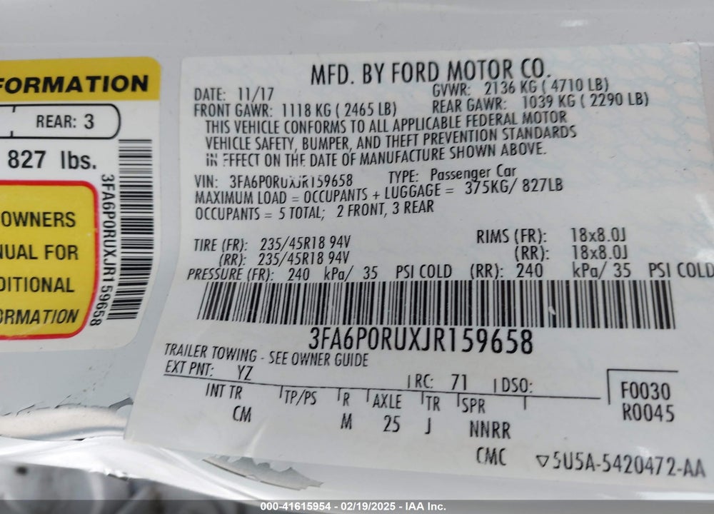 2018 FORD FUSION HYBRID VIN: 3FA6P0RUXJR159658