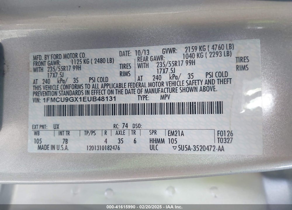 2014 FORD ESCAPE SE VIN: 1FMCU9GX1EUB48131