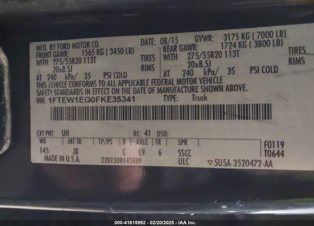 2015 FORD F-150 VIN: 1FTEW1EG0FKE35341