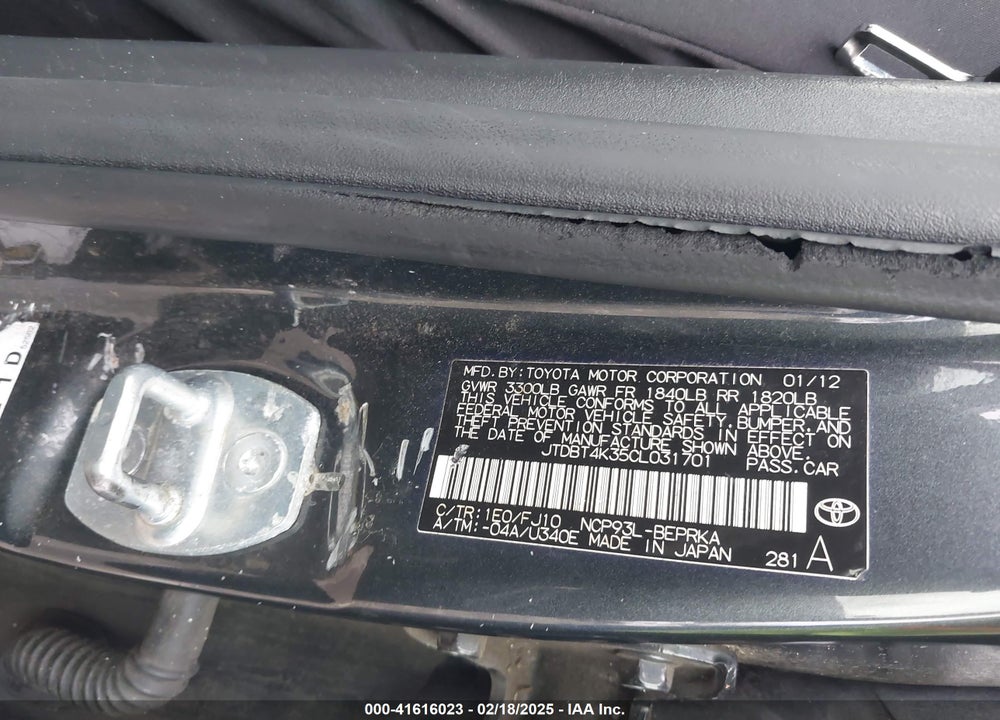 2012 TOYOTA YARIS VIN: JTDBT4K35CL031701