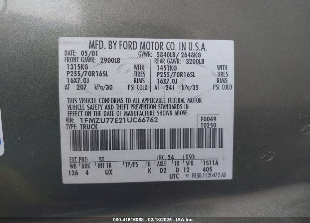 2001 FORD EXPLORER SPORT TRAC VIN: 1FMZU77E21UC66762