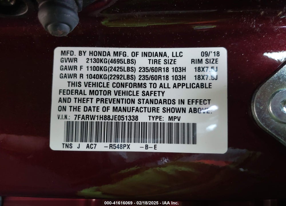 2018 HONDA CR-V EX-L/EX-L NAVI VIN: 7FARW1H88JE051338