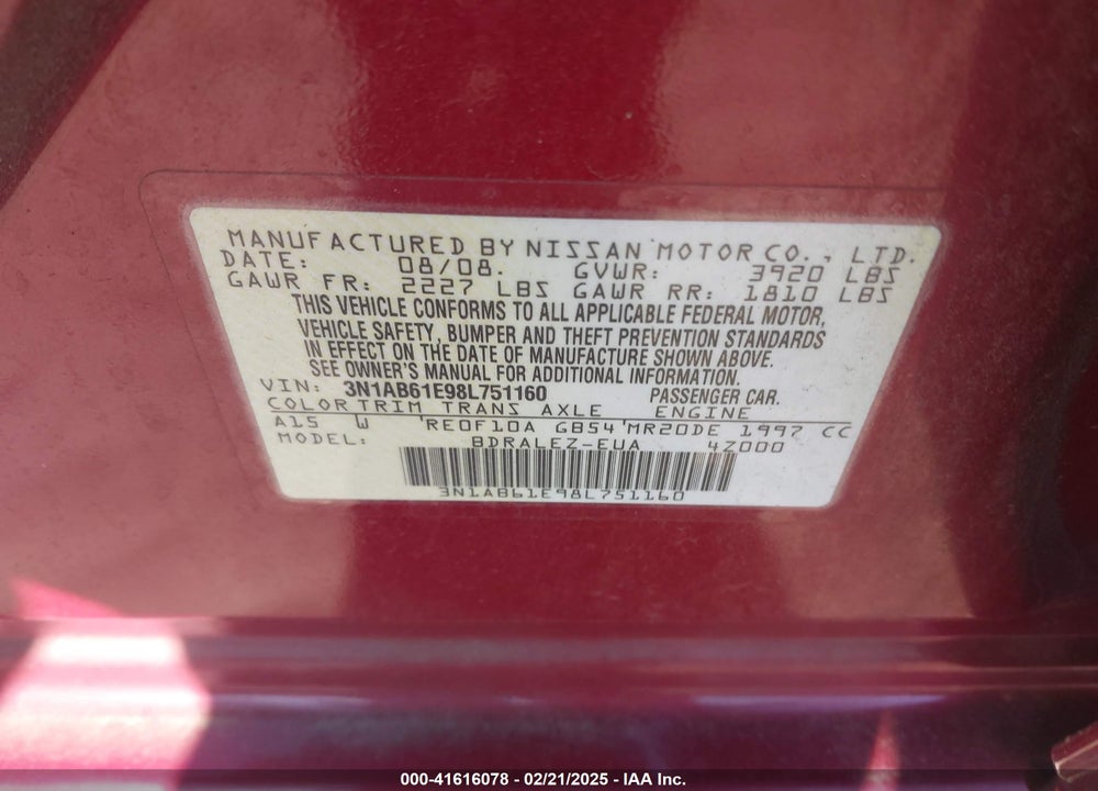2008 NISSAN SENTRA 2.0S VIN: 3N1AB61E98L751160