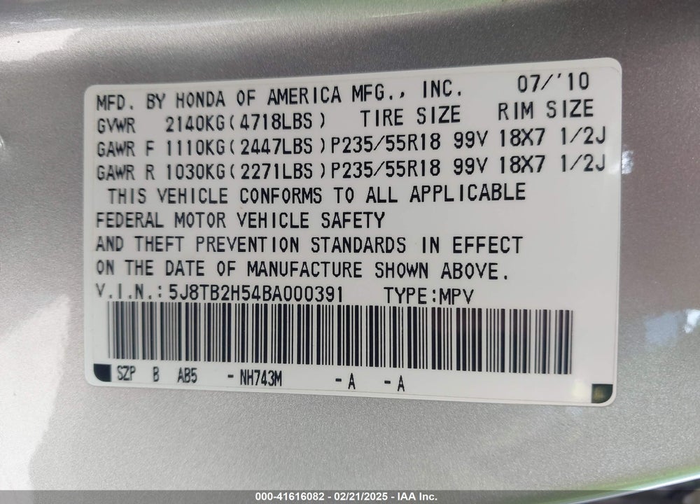 2011 ACURA RDX VIN: 5J8TB2H54BA000391