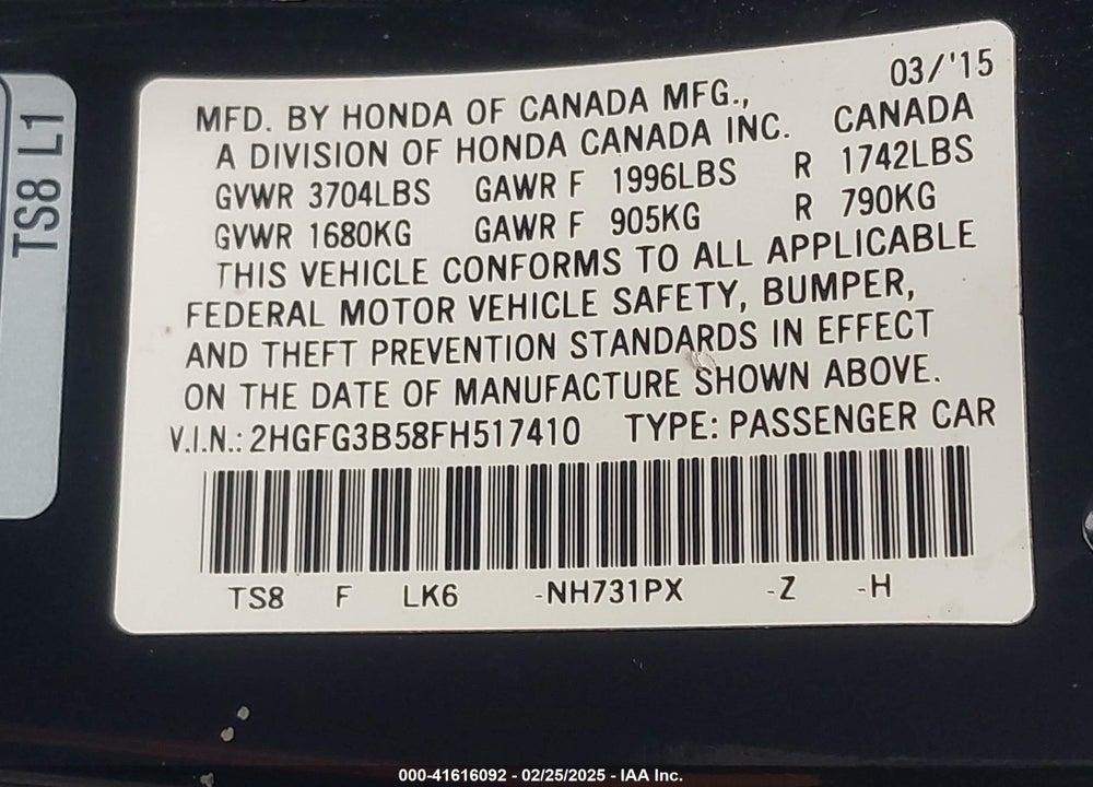 2015 HONDA CIVIC VIN: 2HGFG3B58FH517410
