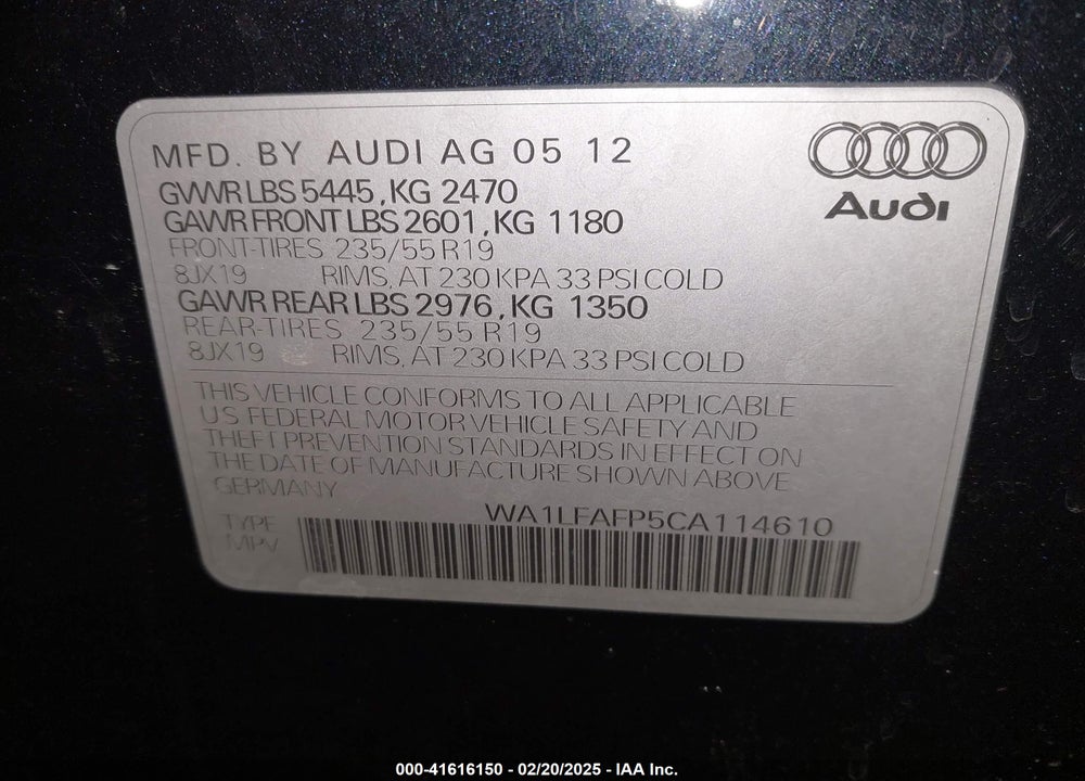 2012 AUDI Q5 VIN: WA1LFAFP5CA114610