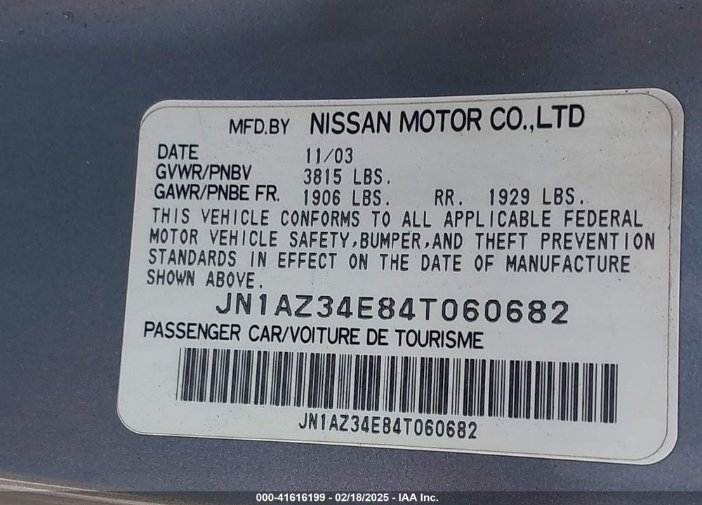 2004 NISSAN 350Z TOURING VIN: JN1AZ34E84T060682