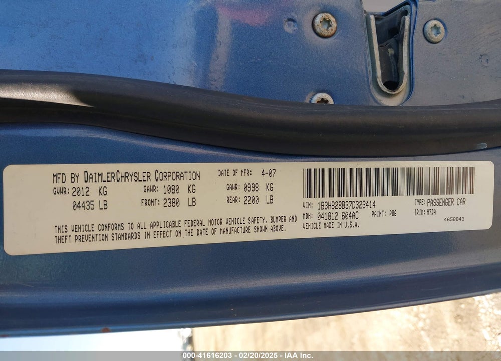 2007 DODGE CALIBER VIN: 1B3HB28B37D323414