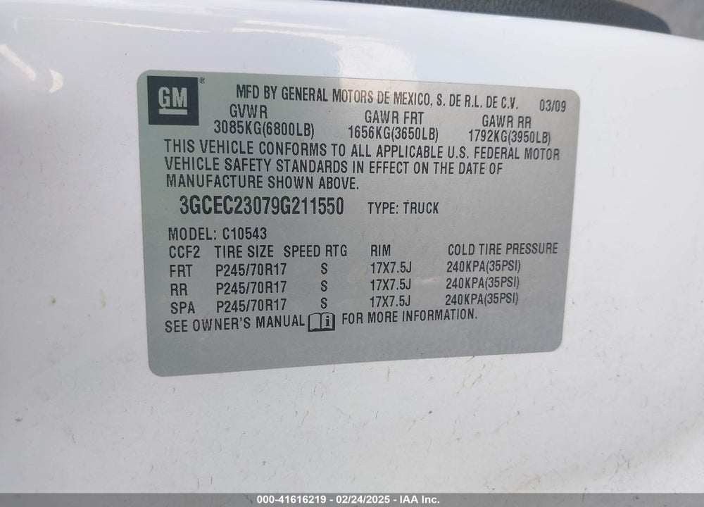 2009 CHEVROLET SILVERADO 1500 LT VIN: 3GCEC23079G211550