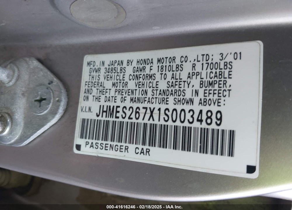 2001 HONDA CIVIC EX VIN: JHMES267X1S003489