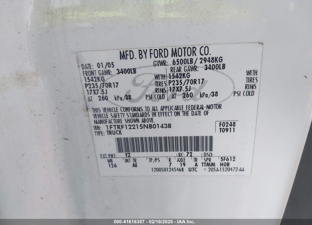 2005 FORD F-150 STX/XL/XLT VIN: 1FTRF12215NB01438