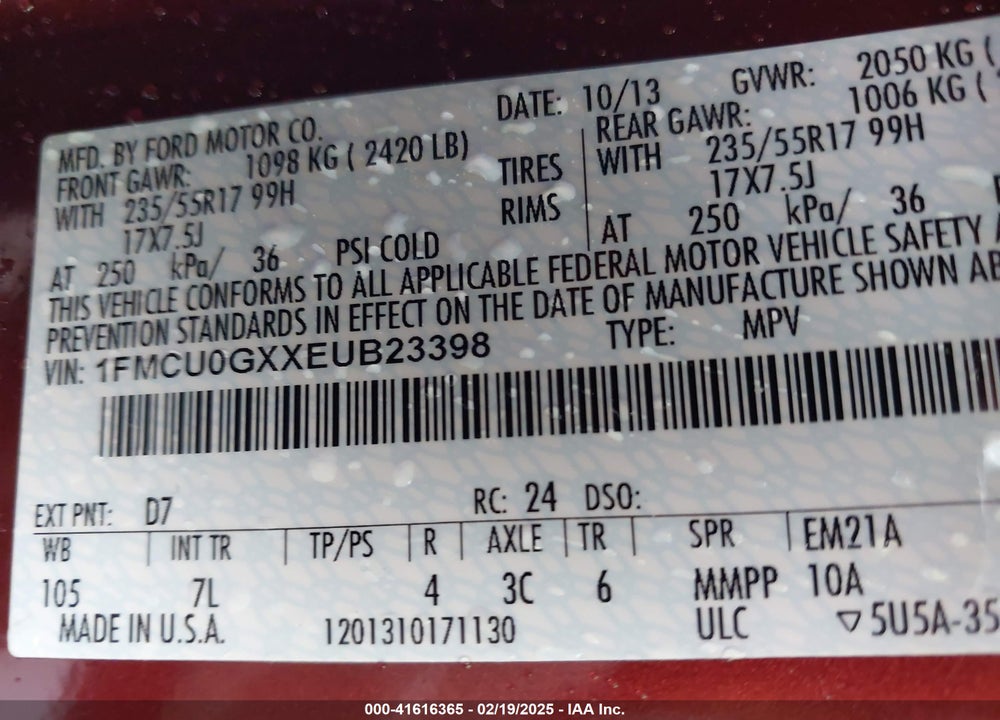2014 FORD ESCAPE SE VIN: 1FMCU0GXXEUB23398