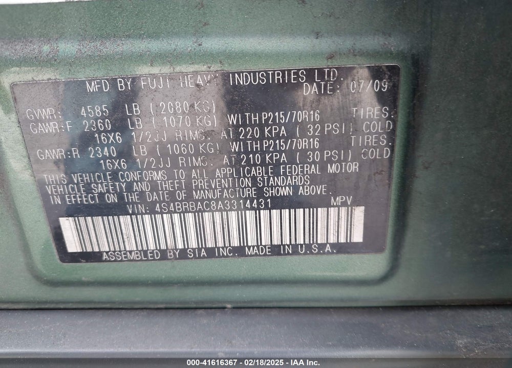 2010 SUBARU OUTBACK 2.5I VIN: 4S4BRBAC8A3314431