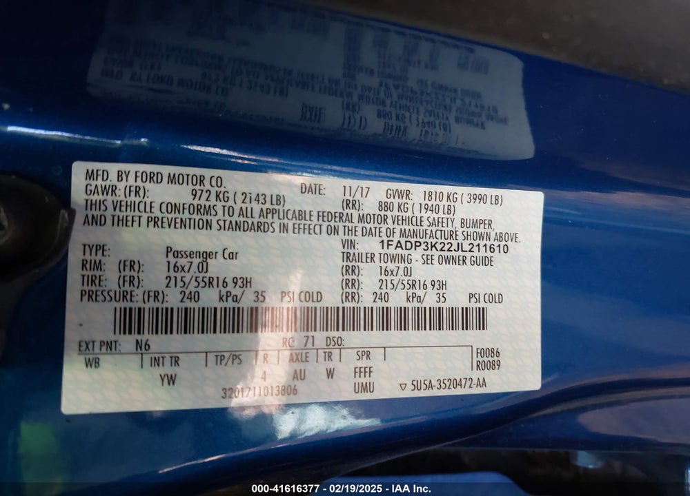2018 FORD FOCUS VIN: 1FADP3K22JL211610