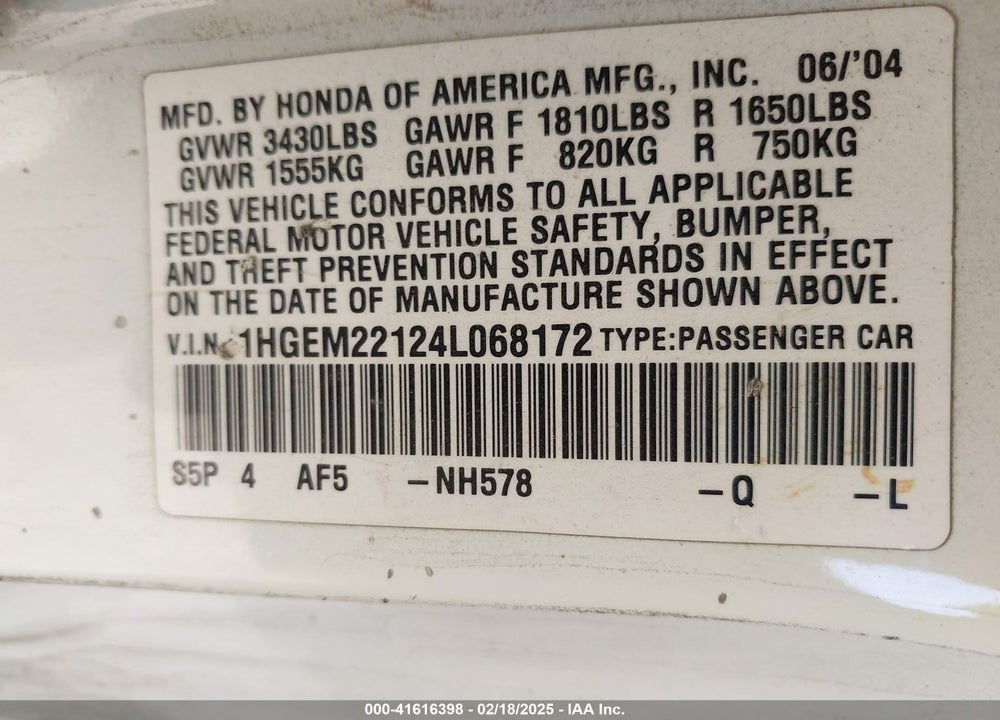 2004 HONDA CIVIC VP VIN: 1HGEM22124L068172