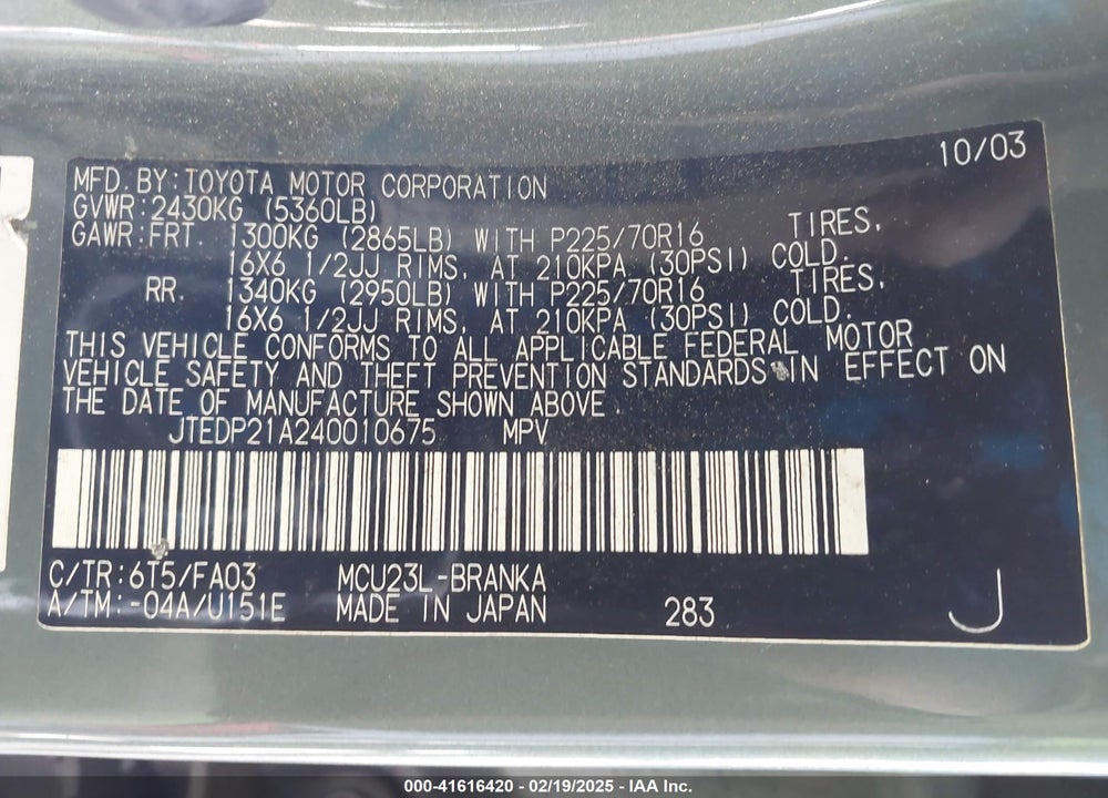 2004 TOYOTA HIGHLANDER VIN: JTEDP21A240010675