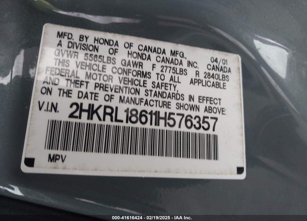 2001 HONDA ODYSSEY EX VIN: 2HKRL18611H576357