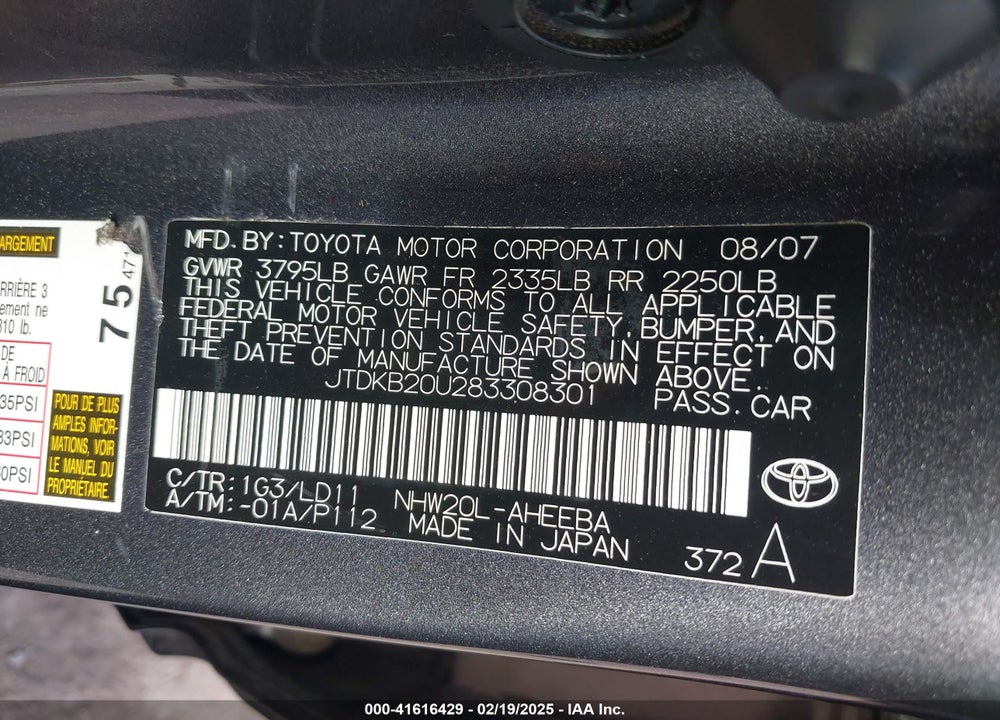 2008 TOYOTA PRIUS VIN: JTDKB20U283308301