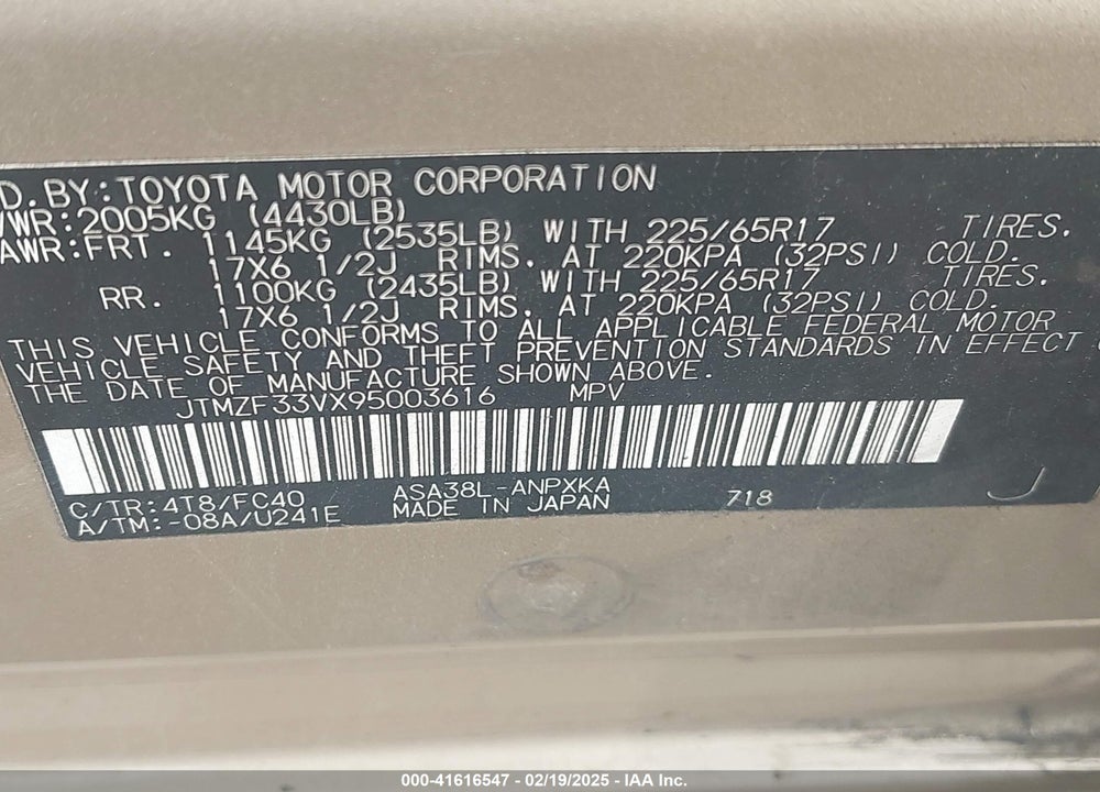 2009 TOYOTA RAV4 VIN: JTMZF33VX95003616