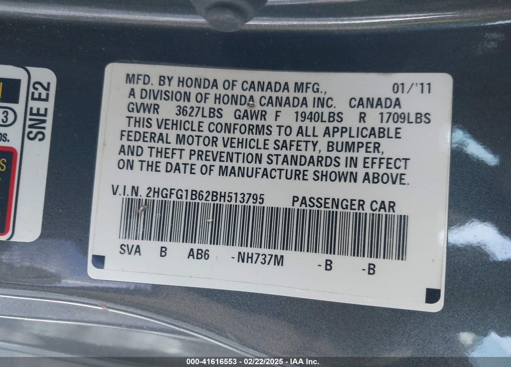 2011 HONDA CIVIC LX VIN: 2HGFG1B62BH513795