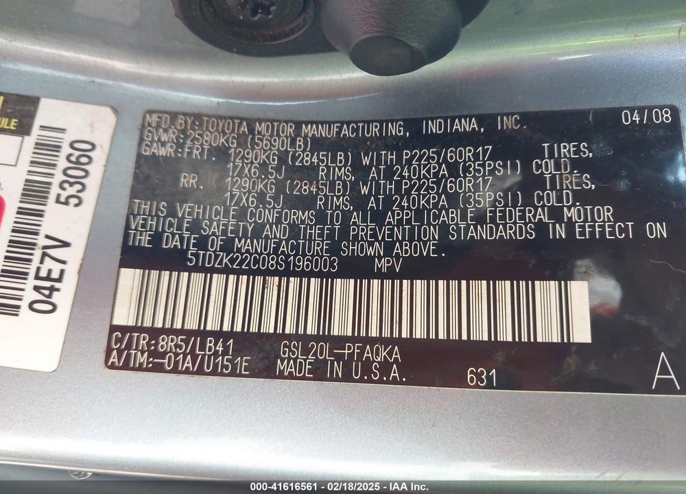 2008 TOYOTA SIENNA XLE VIN: 5TDZK22C08S196003