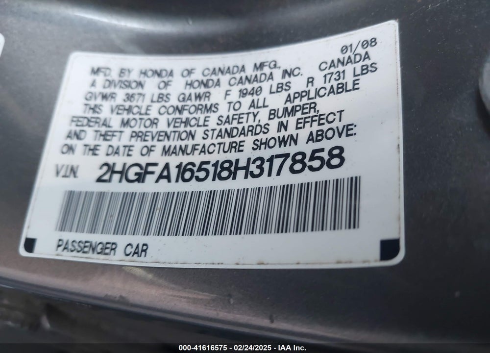2008 HONDA CIVIC LX VIN: 2HGFA16518H317858