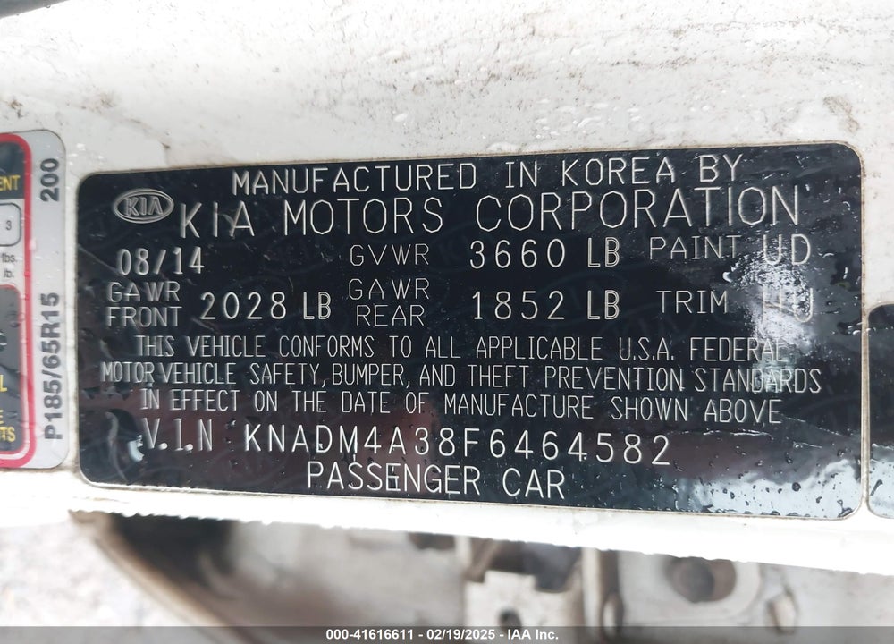 2015 KIA RIO VIN: KNADM4A38F6464582