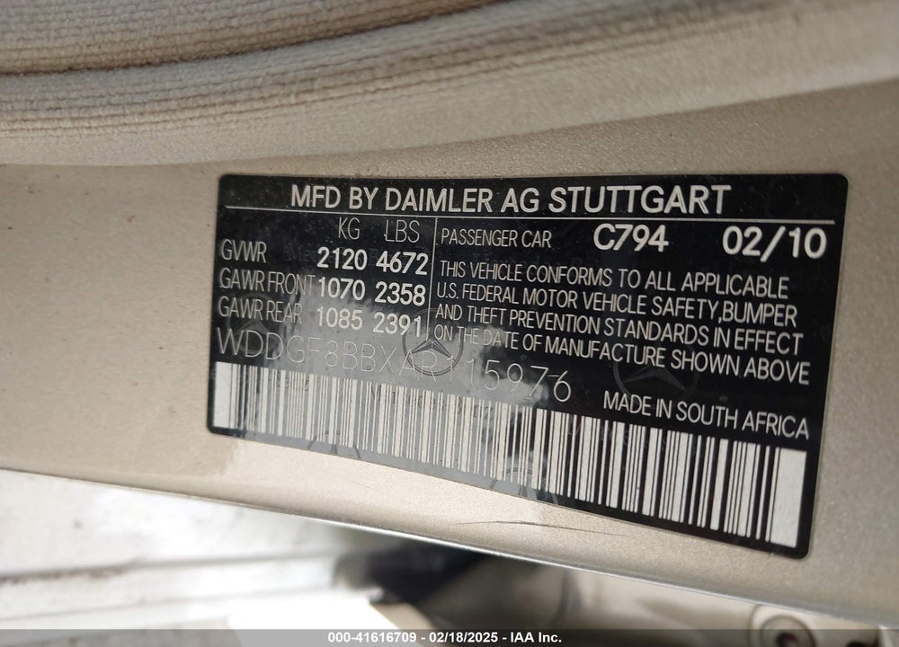 2010 MERCEDES-BENZ C 300 VIN: WDDGF8BBXAR115976