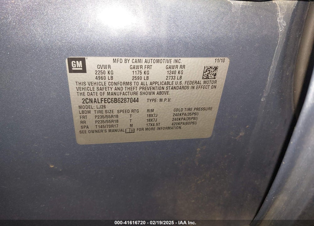 2011 CHEVROLET EQUINOX VIN: 2CNALFEC6B6287044