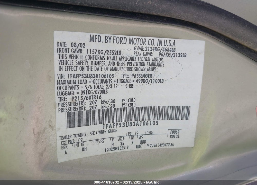 2003 FORD TAURUS SE VIN: 1FAFP53U83A106105