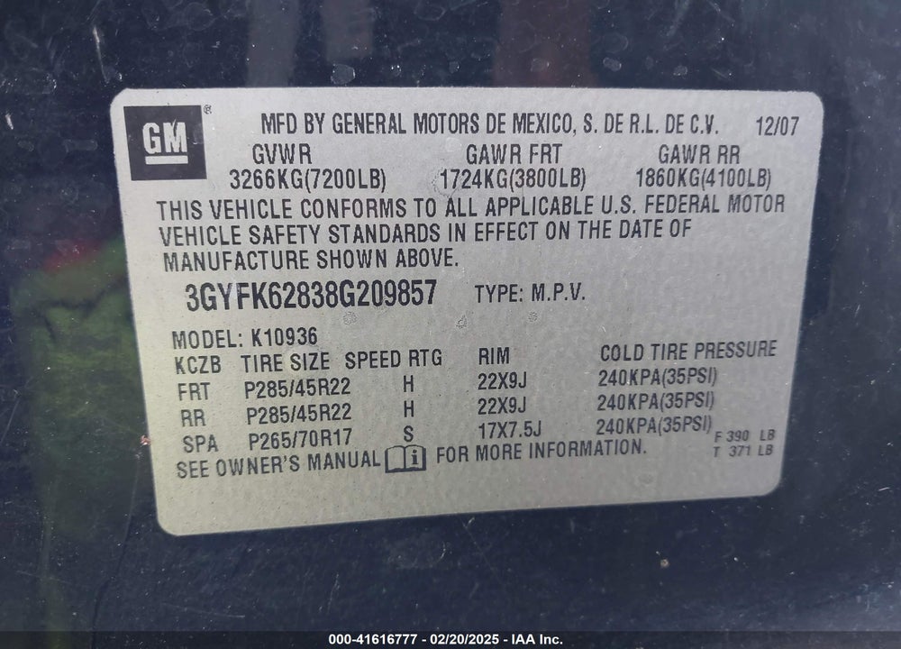 2008 CADILLAC ESCALADE EXT VIN: 3GYFK62838G209857