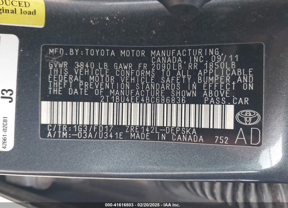 2011 TOYOTA COROLLA VIN: 2T1BU4EE4BC686836