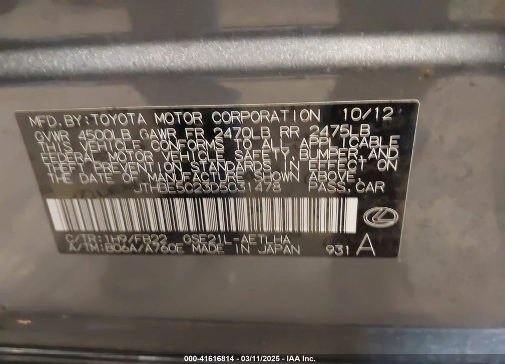 2013 LEXUS IS350 VIN: JTHBE5C23D5031478
