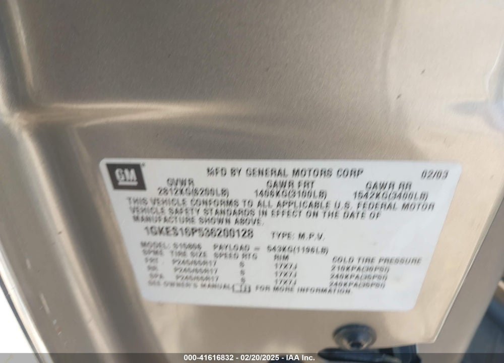 2003 GMC ENVOY XL SLT VIN: 1GKES16P536200128