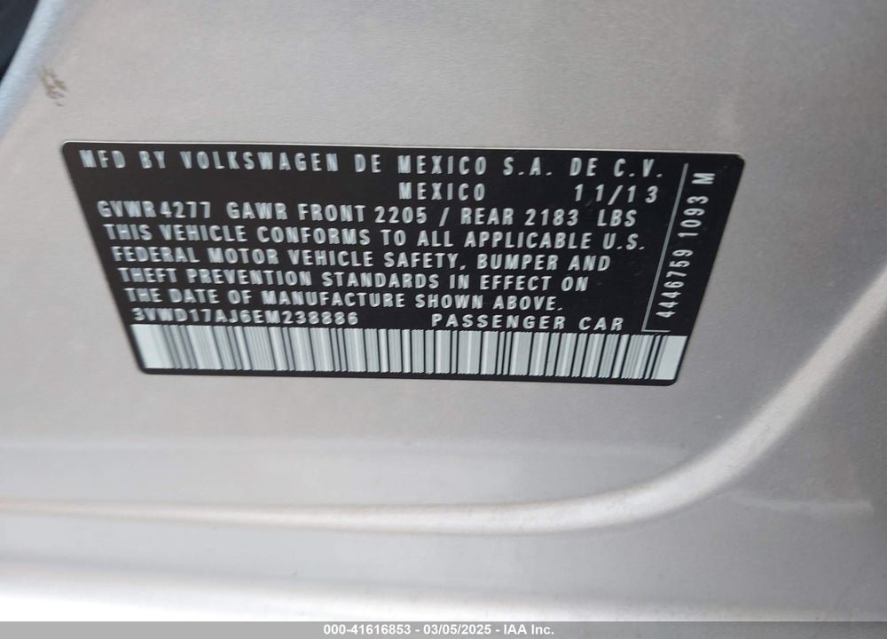 2014 VOLKSWAGEN JETTA VIN: 3VWD17AJ6EM238886