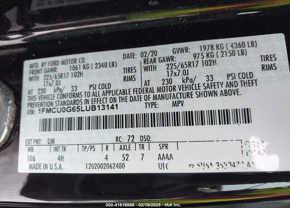 2020 FORD ESCAPE SE VIN: 1FMCU0G65LUB13141