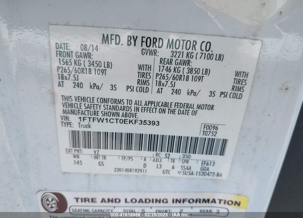 2014 FORD F-150 VIN: 1FTFW1CT0EKF35393
