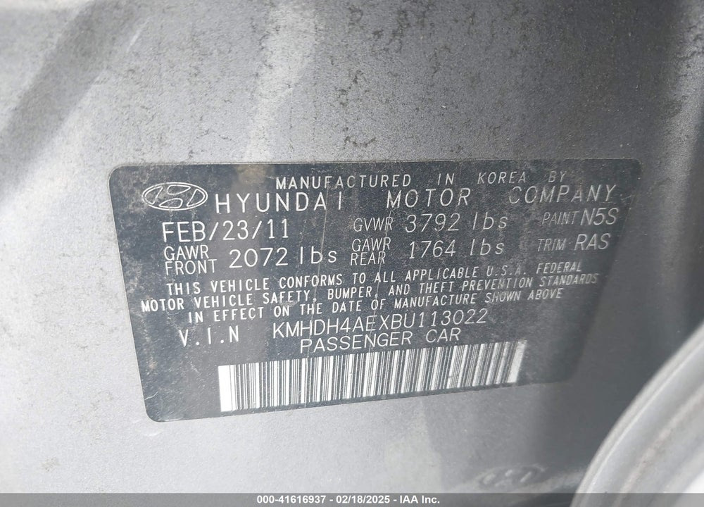 2011 HYUNDAI ELANTRA VIN: KMHDH4AEXBU113022
