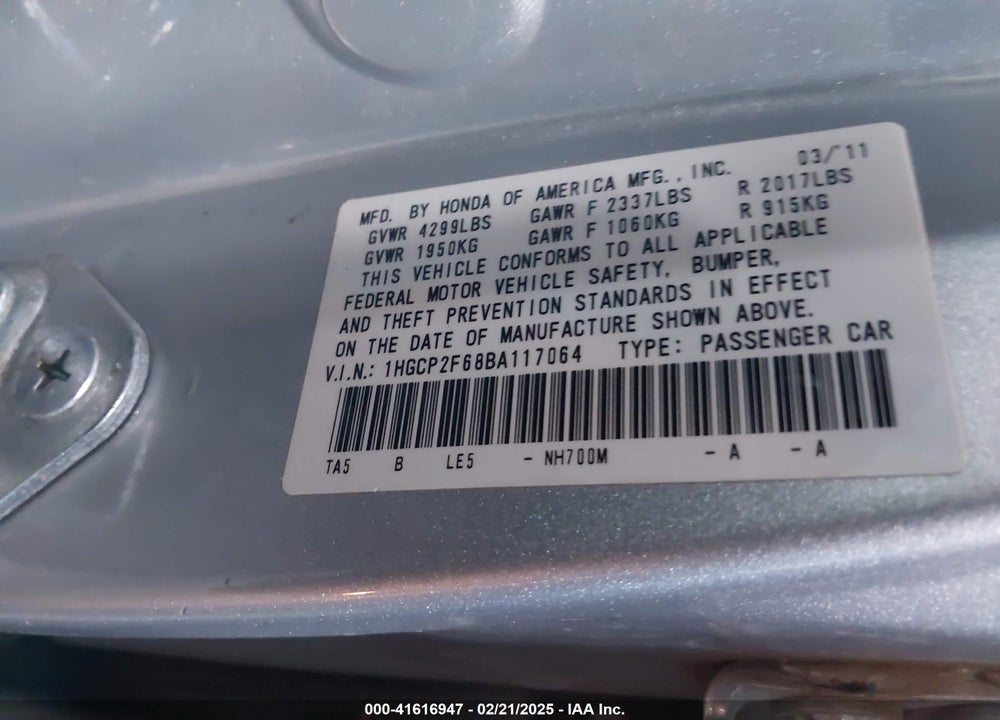 2011 HONDA ACCORD VIN: 1HGCP2F68BA117064