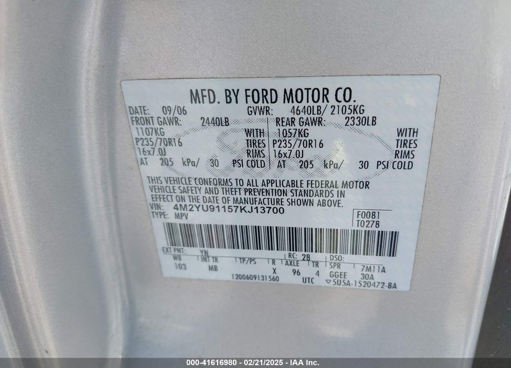 2007 MERCURY MARINER LUXURY VIN: 4M2YU91157KJ13700