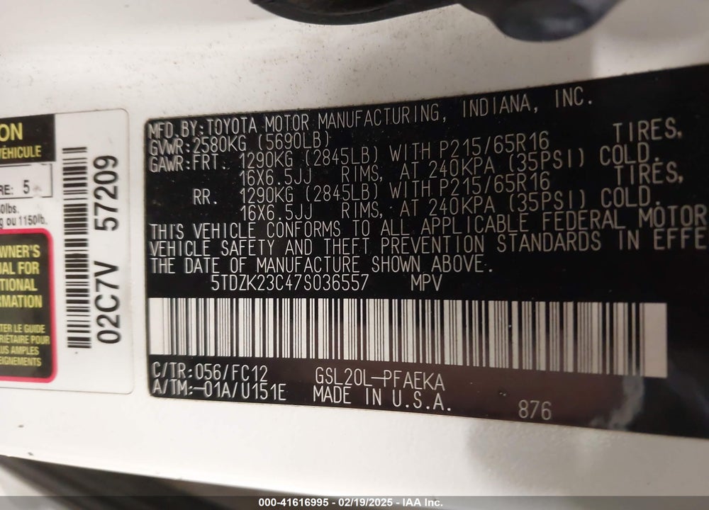 2007 TOYOTA SIENNA LE VIN: 5TDZK23C47S036557