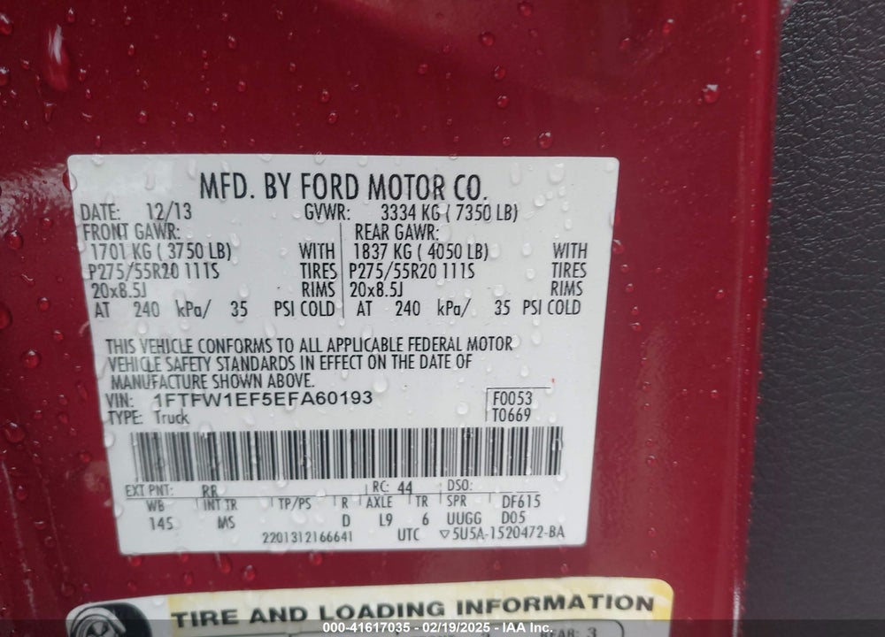 2014 FORD F-150 XLT VIN: 1FTFW1EF5EFA60193