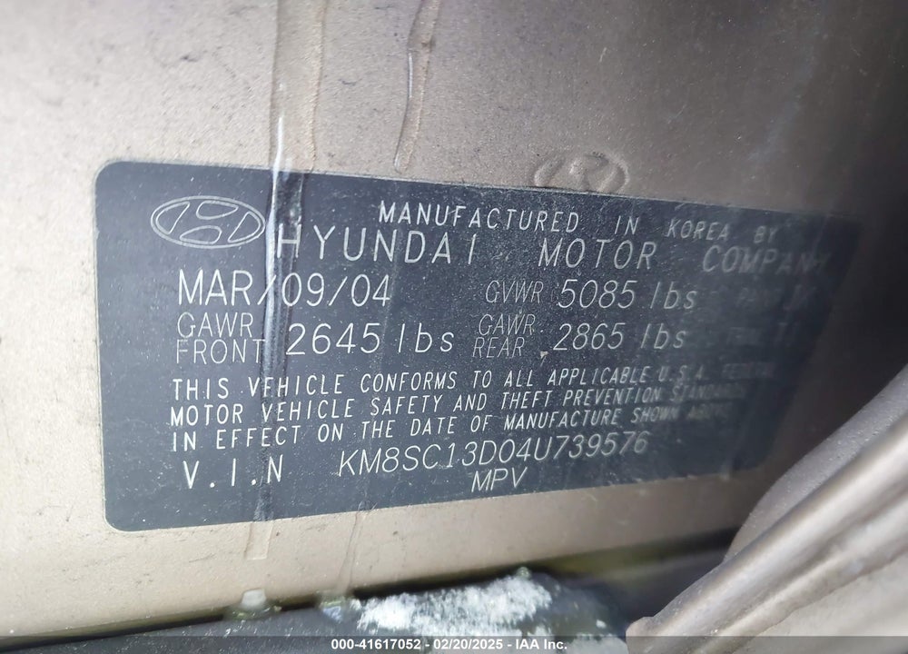 2004 HYUNDAI SANTA FE GLS VIN: KM8SC13D04U739576